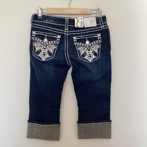 NWT LA IDOL Junior Sz 7 5051RCP Flap Pocket Bling Chunky Stitch Capri Jeans